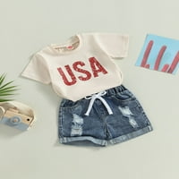 4. jula Baby Boy Outfit USA Pismo Ispis Majica kratkih rukava Elastični struk Ripped Traym Hotcres Set
