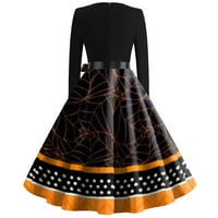 Ženska vintage klasična haljina struka kravata luka dugih rukava Halloween Print V izrez Swing haljina