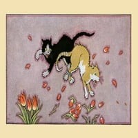Dvije mačke se bore i uništavaju cvijeće tulipana oko njih. Poster Print Maud & Miska Petersham