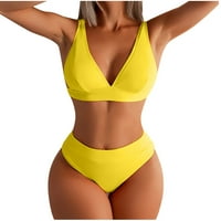 Ženski plićači visokog struka dva seta V izrez Tummy Control bez bočnih bikinija, čvrsta boja Halter kupaće odijelo