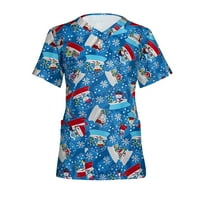 Ženski božićni ispis kratki rukav V-izrez V-izrez Radni džep bluza plavi m