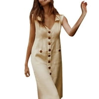 Miayilima Mini haljine za žene Ljetne casual čvrste sa tipkama V-izrez bez rukava bez rukava