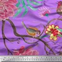 Soimoi Purple Rayon Crepe tkanina ptica, lišće i cvjetne tkanine otisci sa dvorištem širom