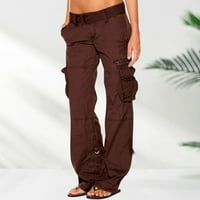Žene ravne široke noge duge hlače Ljetne hlače Solidne boje pantalone s niskim strukom s džepovima kava