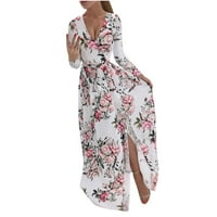 Žene ljetne haljine casual dubokim V-izrezom cvjetne tiskane splitske haljine za mršavljenje dame s dugim rukavima
