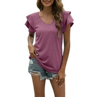 Majice za žene Ljetne vrhove Ruffle Solid Boja kratki rukav V izrez T košulje Ležerne prilike