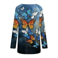 Majica s dugim rukavima za ženske jeseni trendy leptir tisak Flowy Thirt Dressy Plus sizene bluze za