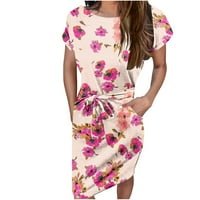 EFSTEB Ljetne haljine za žene plus veličine trendy casual cvjetni print kratki rukav haljine struk zavoj tanka haljina s džepovima Crewneck sandress ružičasti m