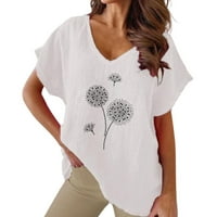 PXIAKGY T majice za žene cvjetni print v vrat pamuk casual bat majica s kratkim rukavima žene bijele