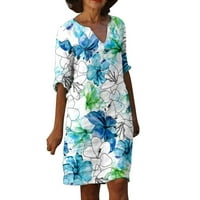 Ljetna haljina za koljena za žene Prodaja cvjetni print v izrez za djevojke Fit Holiday Elegant Casual Comfy Vintage polu rukava Boho Beach White S