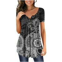 Lirclo Women Modni V-izrez cvjetni tiskani tunički tasteri Tasteri kratkih rukava Majica Black XL