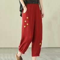 Caveitl ženske casual pantalone, ženske casual vintage vezene hlače sa džepovima devet četvrtina hlače crveno, xl