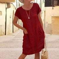 HIMIWAY Ženska ljetna casual puna boja kratki rukav O-izrez za šivanje labavog džepa pamučni posteljina