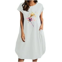 Ženski ljetni pamučni i posteljini cvjetni print casual kratki rukav sa džepnim pogradom Labava haljina