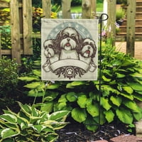 Shih Tzu Crest od tri čistokrvnog psa Prednji i profilni prikaz Smjedobran sa s ponosom preko cvjetne bašte za zastavu Dekorativna zastava Baner kuće