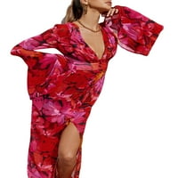 Ženska dugačka haljina za bodycon bljeskalice s dugim rukavima dubokim V-izrezom visoke prorezne plaže za odmor Skinny haljina