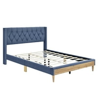 Tapacirani krevet na platformi sa gumenim drvenim nogama, ne Potrebno je BO opruga, lanena tkanina, puna veličina-plava