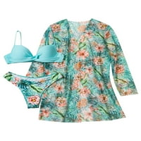 Hirigin ženski ljetni bikini, kruni V-izrez grudnjak + cvijet tisak niskog struka Thong + kardigan kupaći