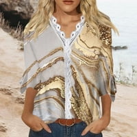 Ženska mramora ispisana bluza Crochet čipka V izrez Vruća Trendy Fancy Tshirts Casual Loose Fit Tops