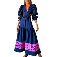 Ženska haljina modna odjeća Bbubble rukava V vrat odjeću od $ ženskog visokokvalitetnog ispisanog ispisanog temperamenta bbubble rukava V-izrez velika ljuljačka haljina tamno plava