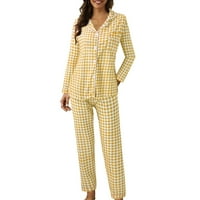 Pidžama za žene postavljene žene casual rever gumb PLAJNI PRINT Dva pidžama dugih rukava žuti xl