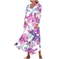 Feterrnal ženska casual udobna cvjetna print tri četvrtine rukava pamučna džepa haljina maxi haljina