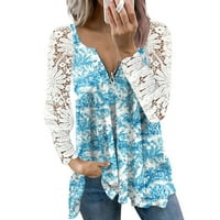 Ženski vrhovi cvjetna bluza s dugim rukavima Loose ženske majice V-izrez ljetno nebo plavo 2xl