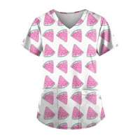 Ležerni vrhovi za žene Fit tisak kratkih rukava V-izrez V-izrez Voćne tiskane radne džepove bluza Dame Top Hot Pink 3xl