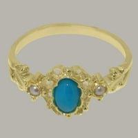 Britanska napravljena 18k žuto zlatni prirodni tirkizni i kultivirani biserni ženski prsten za izjavu