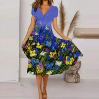 Clearsance Ljetne haljine za žene V-izrez Moda Mid-duljina ispisana haljina s kratkim rukavima plava