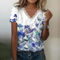 Ženska cvjetna grafička košulja čipke TRIM V izrez kratki rukav Tunic Tops modne estetske majice Summer Dame Odeća, Cyan XL