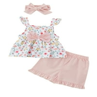 Canrulo Toddler Baby Girls Ljetna odjeća cvjetni ruffle rukavi gornji elastični šorc trake za glavu Outfits Light Pink 12- mjeseci