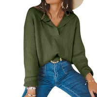 Dame modni casual čvrsta boja rever v izrez pulover dugim rukavima pleteni džemper