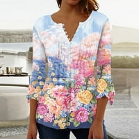 Apepal Womens cvjetni tiskani tunički vrhovi kolutni rukavi Vrući bluze Henley majice za žene Cyan 3xl