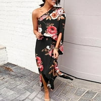 Stalni ženski atraktivni jedno remenski prorez cvjetni kratki rukav labav haljina crna 2xl