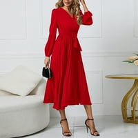 Stabilne ljetne haljine za žene Ženski dugi rukav Slim Fit Pleated Belt V-izrez Elegantna haljina crvena