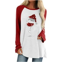 Ženske majice s dugim rukavima dame božićni print Crveno vino Glass Labavi dugi rukav kružni pulover