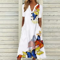 Ženska ljetna ljuljačka haljina s džepom - povremeni tipka V-izrez cvjetna od tiskane cvjetne haljine od plaže