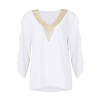 Bluza Ženska modna čvrsta boja čipkastim oblogom V-izrez Elegantna šifon majica s kratkim rukavima Top Bijeli XL