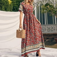 Žene V izrez Ljeto Maxi boemske haljine Retro cvjetni ispisani elastični visoki struk casual ljuljaška