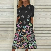 Haljina od Caveitl za žene, modne žene Ljeto tiskanje kauzal V-izrez Dugme s kratkim rukavima Džebovi za odmor Black, XL