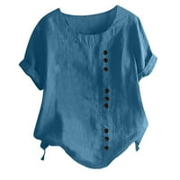 Ženska bluza od posteljine vrhova Clearence Dressy kratki rukav Tors Mori Kei Majica Odjeća Ljeto Trendy Round izrez Košulje Čvrsti tees Blue, XXXL