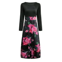 Ženski trendi cvjetni print dugačak haljina okrugla vrat dugih rukava visoki struk patchwork maxi haljina opružna odjeća