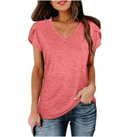 Dukseve za teen Girls Trendy Ležerne majica V-izrez kratki rukav labav solid u boji retro ružičaste