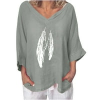 Ženski rukavi V izrez Grafički perja labav fit vrhovi čišćenje salediscount ljetne majice Elegantne temperamente Prevelike bluze sive l