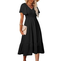 Clearsance Ljetne haljine za žene Čvrsti V-izrez A-LINE Srednja duljina slatka putna rukava s kratkim rukavima crna l