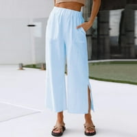Ženske ležerne hlače pantalone za gležnjače Split baggy ravno noga elastična visoka struka pune boje ljetne hlače sa džepovima plavi xxxl