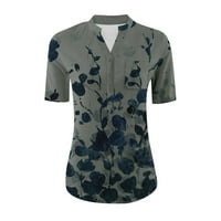 Ženski kratki rukav cvjetni V izrez Ležerni tunički bluza Labava košulja Gumb Up Henleyji košulja, siva