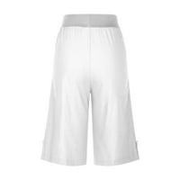 Ženske čvrste burmude kratke hlače elastične struke pamučne posteljine ravno široke noge casual pantalone Capris bijeli 4xl