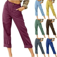 WAVSUF Žene pune dužine Casual Hlače sa džepovima Čvrsti visoki porast ravno noga pamučna posteljina